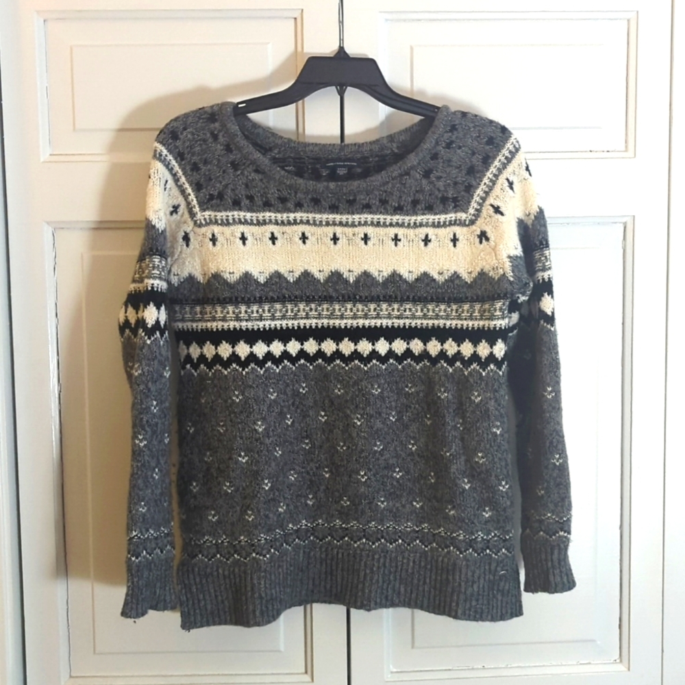 American Eagle Wool Blend Nordic Print Gray Black White Pullover Sweater Small